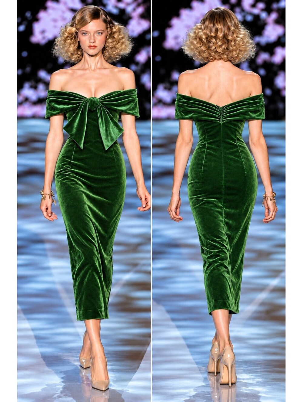 Badgley Mischka sz 4 Green Velvet Off Shoulder Ruched Midi Dress Cocktail Runway
